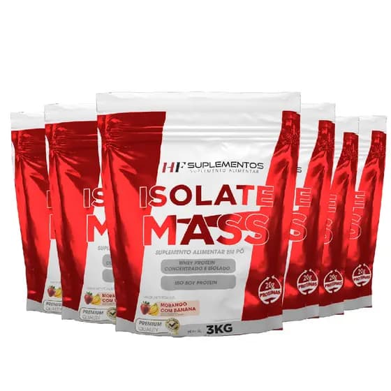 Kit 5 unidades Isolate Mass Hipercalórico Morango Banana 3KG Em Pó HF Suplementos – Energia, Massa Muscular e Foco!