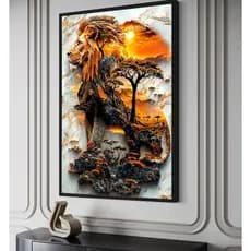 Quadro Decorativo em MDF Leão Arvores e Pedra Por do Sol - 60x90cm