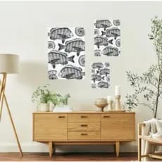 Quadros Decorativos em MDF de Ilustração de Peixa e Conchas Preto e Branco - 20x30 30x50 40x60cm