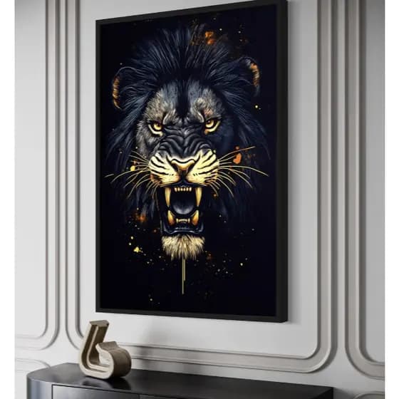 Quadro Decorativos Leão Preto e Dourado - 80x60cm