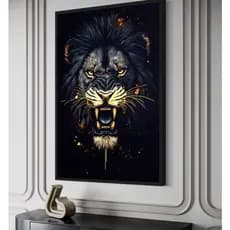 Quadro Decorativos Leão Preto e Dourado - 80x60cm