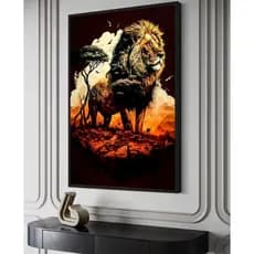 Quadro Leão Savana no Por do Sol - 80x60cm