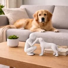 Escultura Mulher Homem com Cachorro Minimalista Moderna Decoração Sala Escritório Presente Afetivo