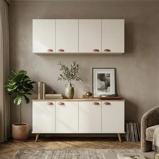 QUEIMA DE ESTOQUE Buffet Balcão Branco 4 Portas + Armário Aéreo 4 Portas