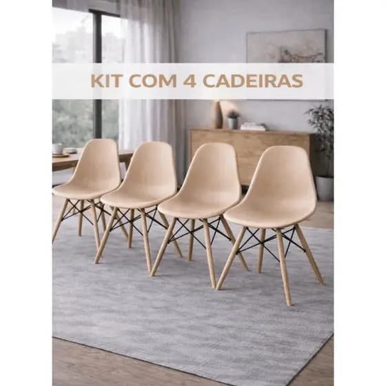 Kit 4 Cadeiras Eames Fendi Nude DSW Base Madeira Sala Jantar Decor Moderna