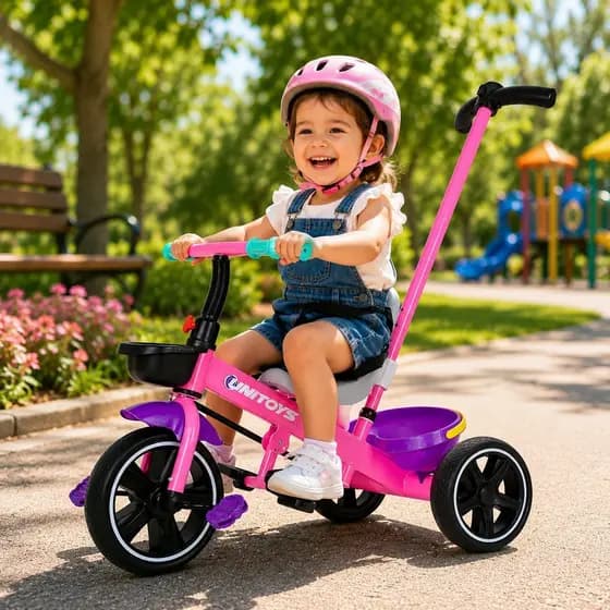 Triciclo Infantil Com Empurrador Dirigível Rosa Cadeirinha Cinto Até 25kg