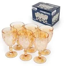 Jogo 6 Taças Diamond Gold 325ml Vidro Dourado Taça Água Suco Drink Mesa Posta Luxo