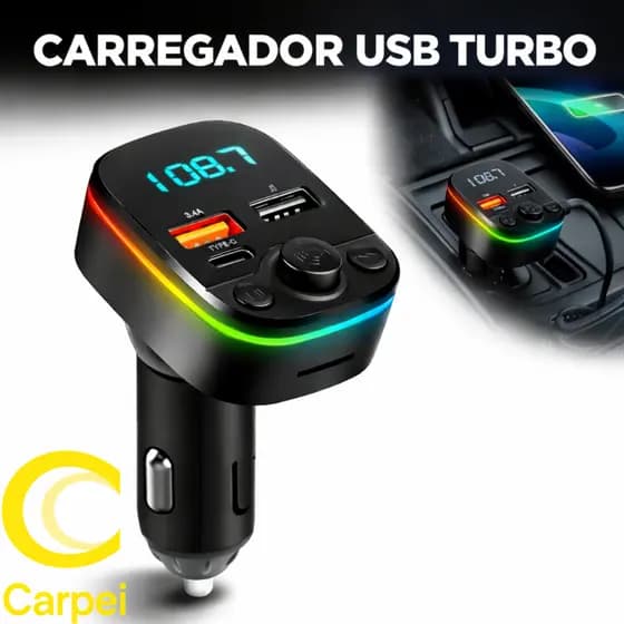 Carregador USB Turbo PD 20W Carro TYPE-C Transmissor Receptor FM Bluetooth Veicular X8 MP3 Rádio Com Luz LED Arco-Íris C