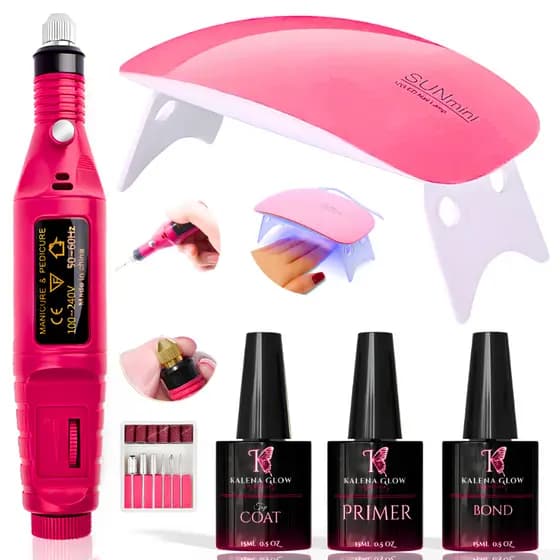 Kit Completo Nail Design Motor Caneta + Cabine LED Mini Sun + Top Coat + Primer + Bond Profissional