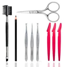 Kit Profissional Sobrancelha Navalha Tesourinha Pinça Lápis e Pincel Chanfrado