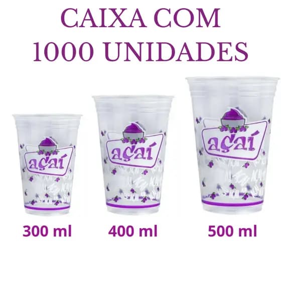 1000 unidades de Copos Descartáveis Impresso Açai - MELHOR CUSTO BENEFICIO 300ml / 400ml / 500ml