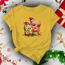 Camiseta de Natal Desenho Bob Esponja e Patrick Fofo Luzes Pisca Pisca Blusinha 100% Algodão Unissex
