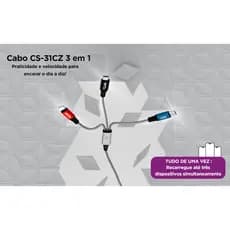 Cabo 3 em 1 Lightning/Tipo-C/Micro USB Carga ágil 15W 3A Nylon Trançado 1,2 metros Cinza CS-31CZ ELG