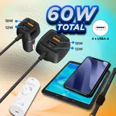 Carregador Veicular C/Extensor 4 Portas USB-A Quick Charge 3.0 + 2.4A 60W Cabo 1.5m Preto CC4SQC ELG