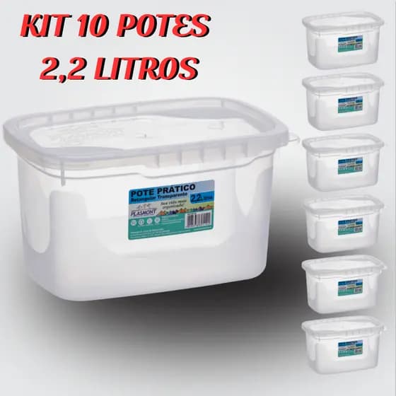 jogo de 10 Potes retangular Práticos de 2,200ml, plástico reforçado