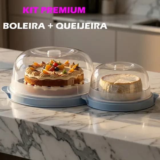 Jogo De Boleira + Queijeira Plástico Tampa Grande Hermético Porta Bolo Queijo Torta Jantar Café Aniversário