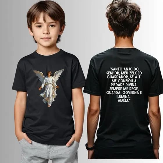Camiseta Infantil Adulto Menino Menina Santo Anjo Oração Anjo da Guarda