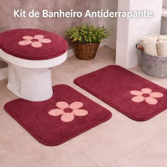 Jogo De Banheiro Antiderrapante 3 Pçs - Cotton 100% Algodão com Aplique em ALto Relevo Várias Cores