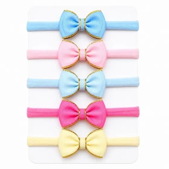 Kit 5 Laços Bebê Menina Faixinha Delicada Macia Tiara Infantil Enxoval Recém Nascido Luxo na meia de seda Maternidade
