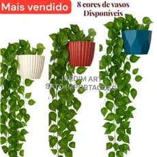 1 Kit Vaso Plastico Ceremico + 2 Planta Pendurada Verde  Artificial Parede Varanda pendente verde caida Enfeite