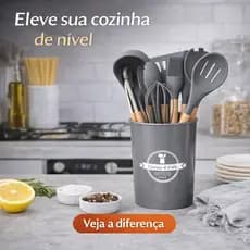 Kit Utensílios de Cozinha 12 Peças Silicone Antiaderente Cabo de Madeira Cinza