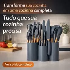 Kit Cozinha 19 Peças Silicone com Facas e Suporte | Completo Antiaderente 230°C Premium