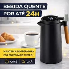 Garrafa Térmica 1L com Display Digital | Mantém Quente 24h e Frio 16h | Cabo Madeira Premium