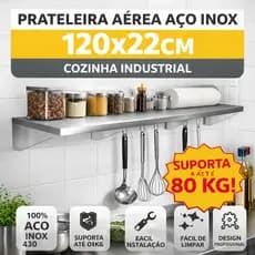 Prateleira Aérea Aço Inox 430 120x22cm Cozinha Industrial Restaurante