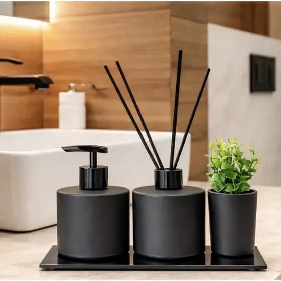 Kit Lavabo Completo Difusor de Varetas Saboneteira Bandeja Vasinho Preto Fosco