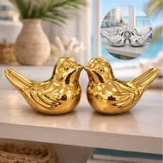 Enfeite Casal de Passarinho Porcelana Decoração Kit Pequeno Dourado Prata Objeto Decorativo Rack Sala Lavabo