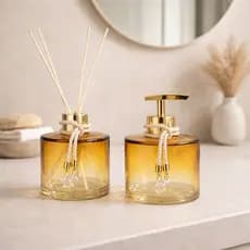 Kit Vidros Lavabo Banheiro Branco Ouro Luxo Enfeite Difusor e Saboneteira