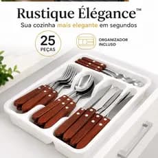 Kit Talheres Jogo 25 Peças Organizador Rustique Élégance™ Madeira Premium Cozinha Elegante