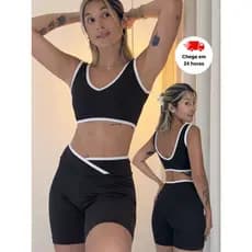 Conjunto Fitness Academia Feminino Bicolor  Shorts  cintura alta + Top Esporte Viés