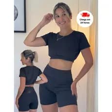 Conjunto Fitness Feminino Top Manguinha + Shorts Cintura Alta Academia Compressão