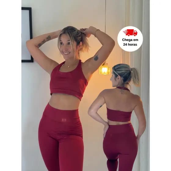 Conjunto Fitness Feminino Suplex Top Halter + Calça Legging  Cintura Alta Academia Treino Compressão