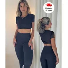Conjunto Fitness Feminino Suplex Top Manguinha + Calça Legging Cintura Alta Academia Compressão