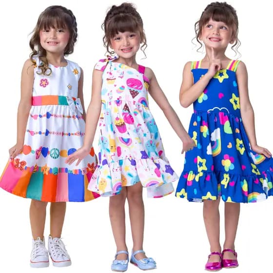 Vestido Infantil Menina Estampado E Liso Com Laço Rodado Colorido Para Festa