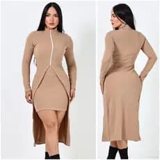 Conjunto Sobretudo Cardigan Longo com Zíper + Saia Tecido Anarruga Moda Feminina 2025