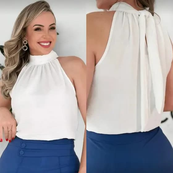 Blusa Feminina Regata de Laço nas Costas Gola Alta Moda Feminina