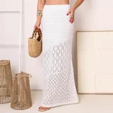 Saia Longa de Tricot Lisa Texturizada Detalhes Rendada Casual Elegante Feminina Moda Verão