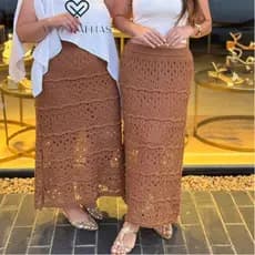 Saia Longa Feminina Tricot Ponto Crochê Confortavél Estilosa Tendência WM Malhas Moda Plus Size