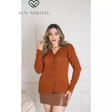 Casaco Feminino de Tricot Manga Longa Aberto Texturizado com Botões e Bolsos Elegante Moda Inverno