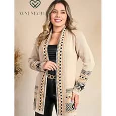 Cardigan  Kimono Tricot Feminino Quadriculado Casaco Teddy Manga Longa Aberto Elegante WM Malhas