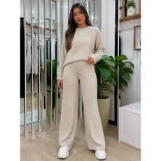 Conjunto Tricot Mousse Blusa Manga Longa e Calça Pantalona Elegante