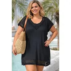 Vestido Saída de Praia Plus Size Fechado - Caimento Perfeito e Versátil  em Tricô Vazado com C