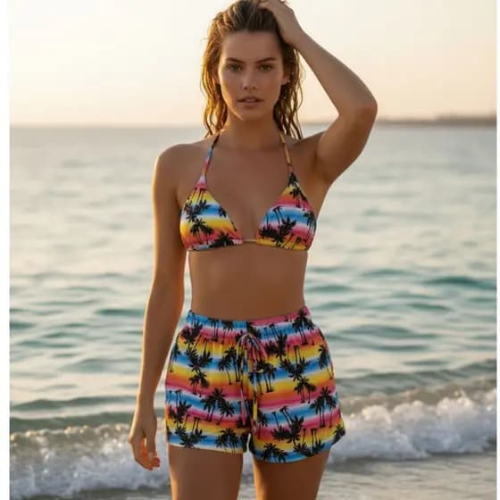 Biquíni Feminino 3 Peças com Short Estampado Moda Praia