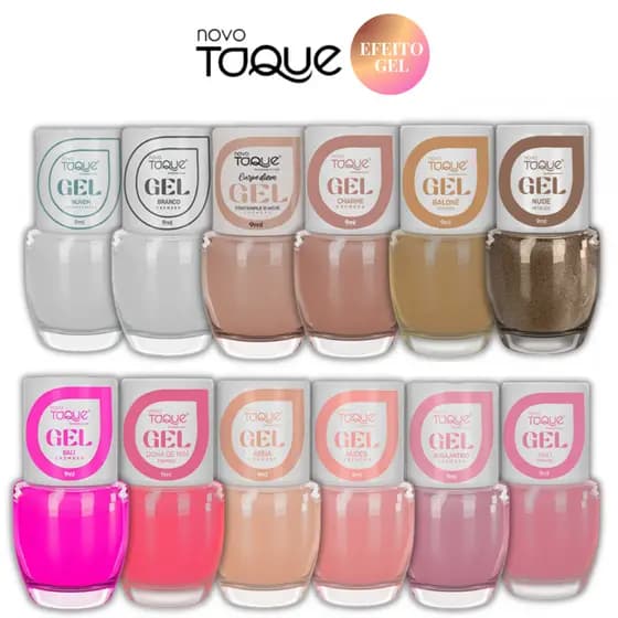 Esmalte Efeito Gel Novo Toque Kit 12 Cores Tons Claros Rosa e Nude Seca Sem Cabine Manicure Pedicure Lançamento