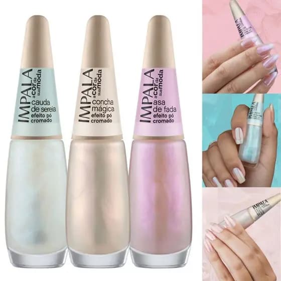 Esmalte Impala Efeito Pó Cromado Kit 3 Cores Manicure Pedicure Lançamento