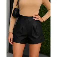 Short Feminino Couro Courino Zar-ah Cintura Plus Size Alta Couro Fake Premium