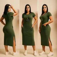 Vestido Feminino Midi Tubinho casual mais vendidos fenda lateral com bolso Tendência 2025
